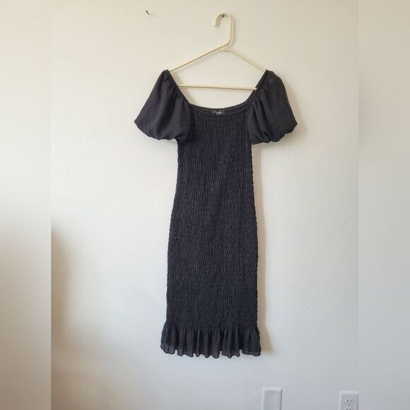 Trixxi Black Smocked Ruched Midi Dress Puff Sleeves Ruffle Vamp Witch Whimsigoth - Picture 8 of 12